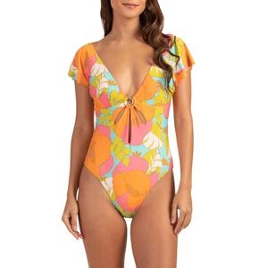 Trina Turk Playa De Flor Flutter Sleeve Maillot Swimsuit Size 14 Tropical Resort